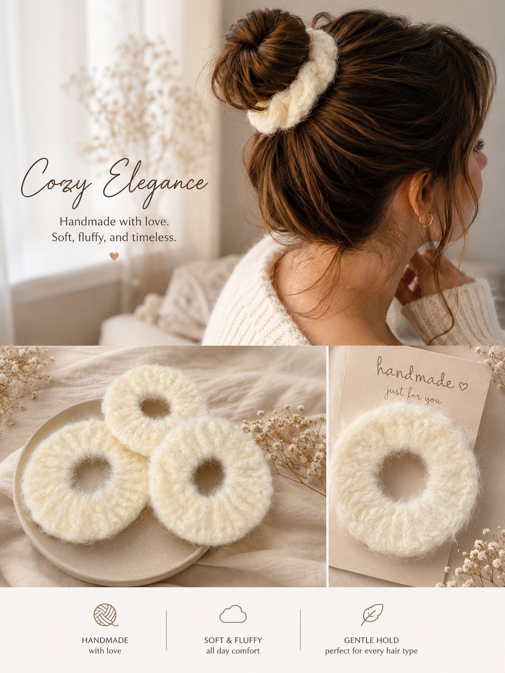 Handmade Cream Fluffy Scrunchie - Cozy Hair Accessory